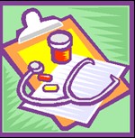 Image of medicine chart, meds, and stethoscope lying on clipboard 